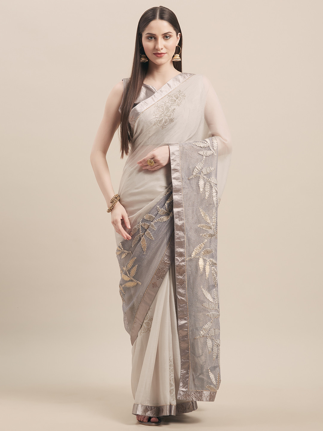 Kvsfab Grey Embellished Silk Blend Saree