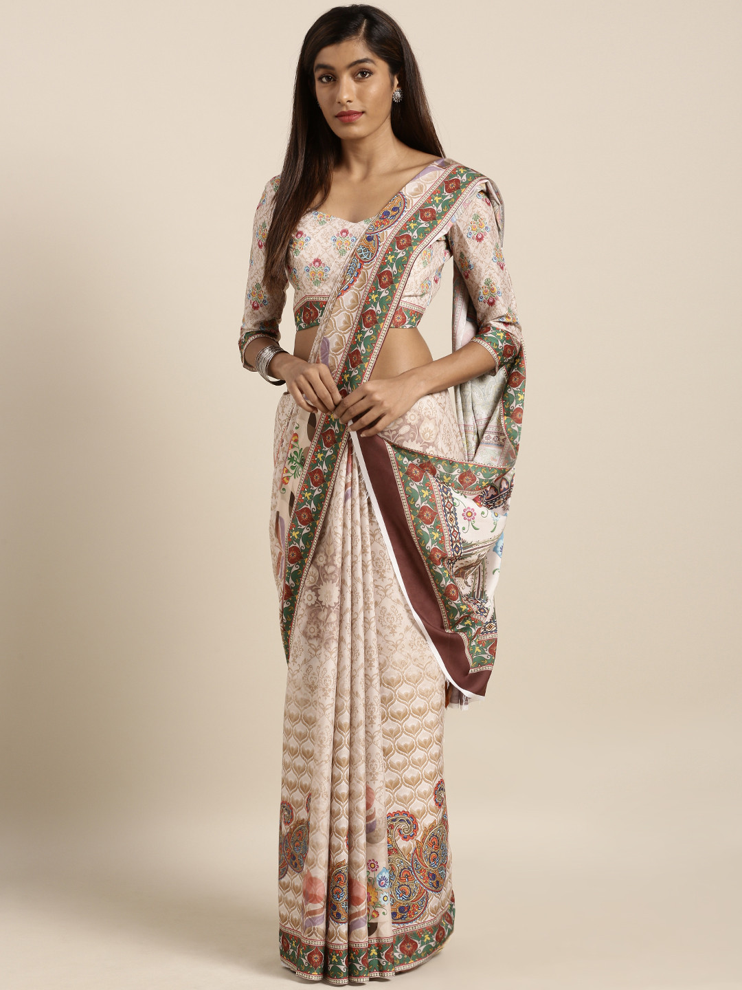 Kvsfab Beige Printed Poly Georgette Saree