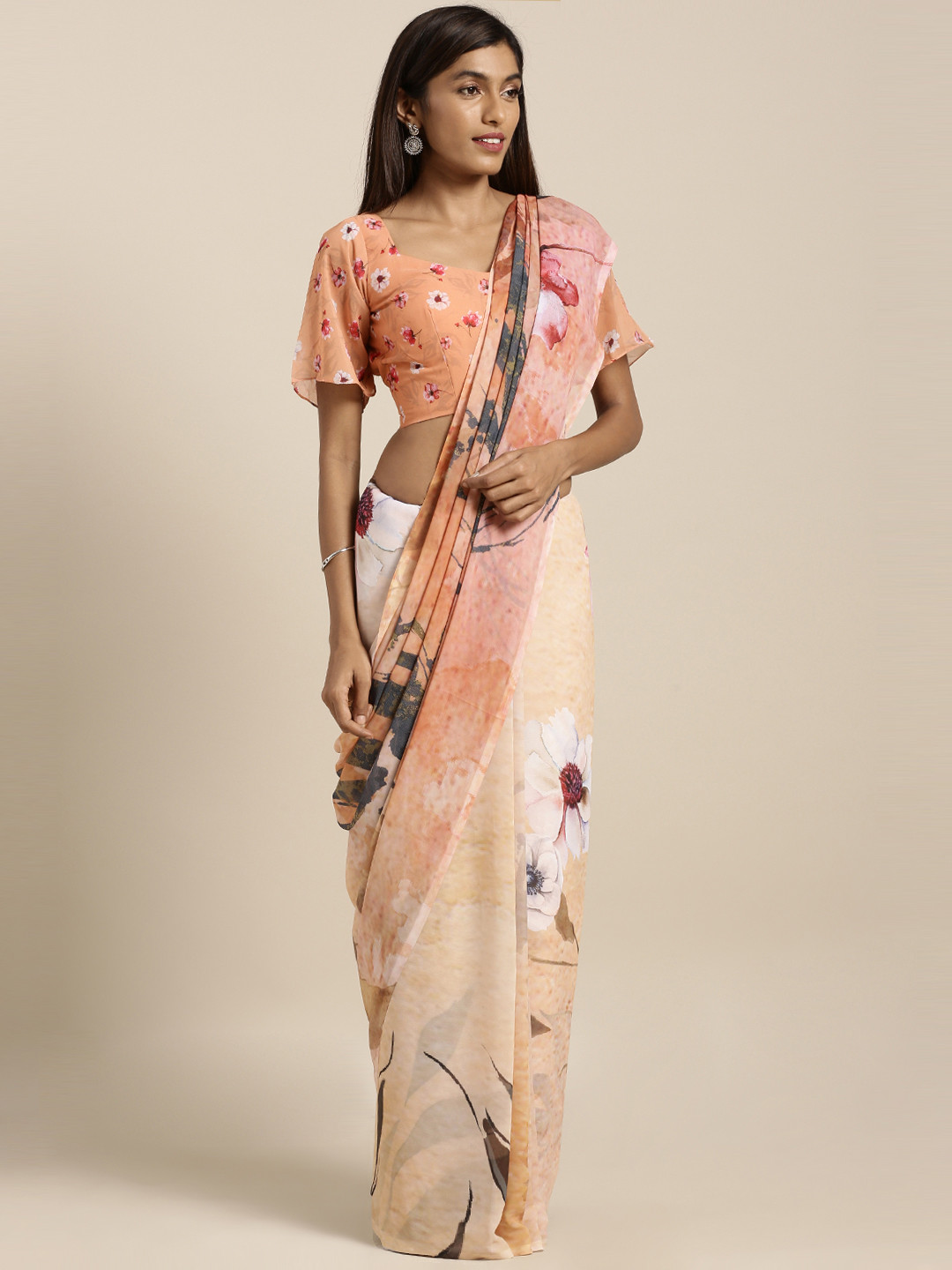 Kvsfab Beige & Pink Printed Poly Georgette Saree