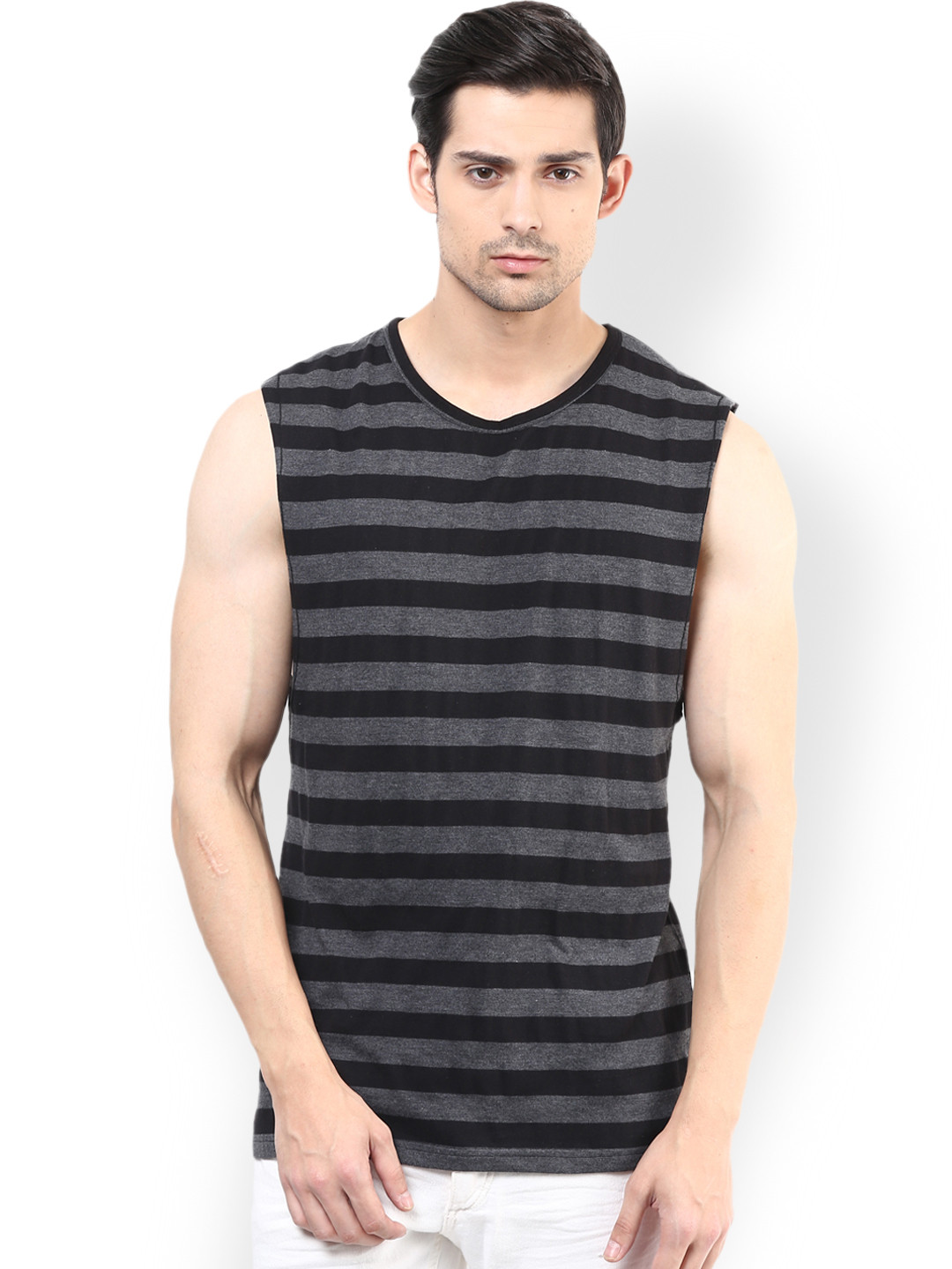 Hypernation Black  Grey Striped Pure Cotton T-shirt
