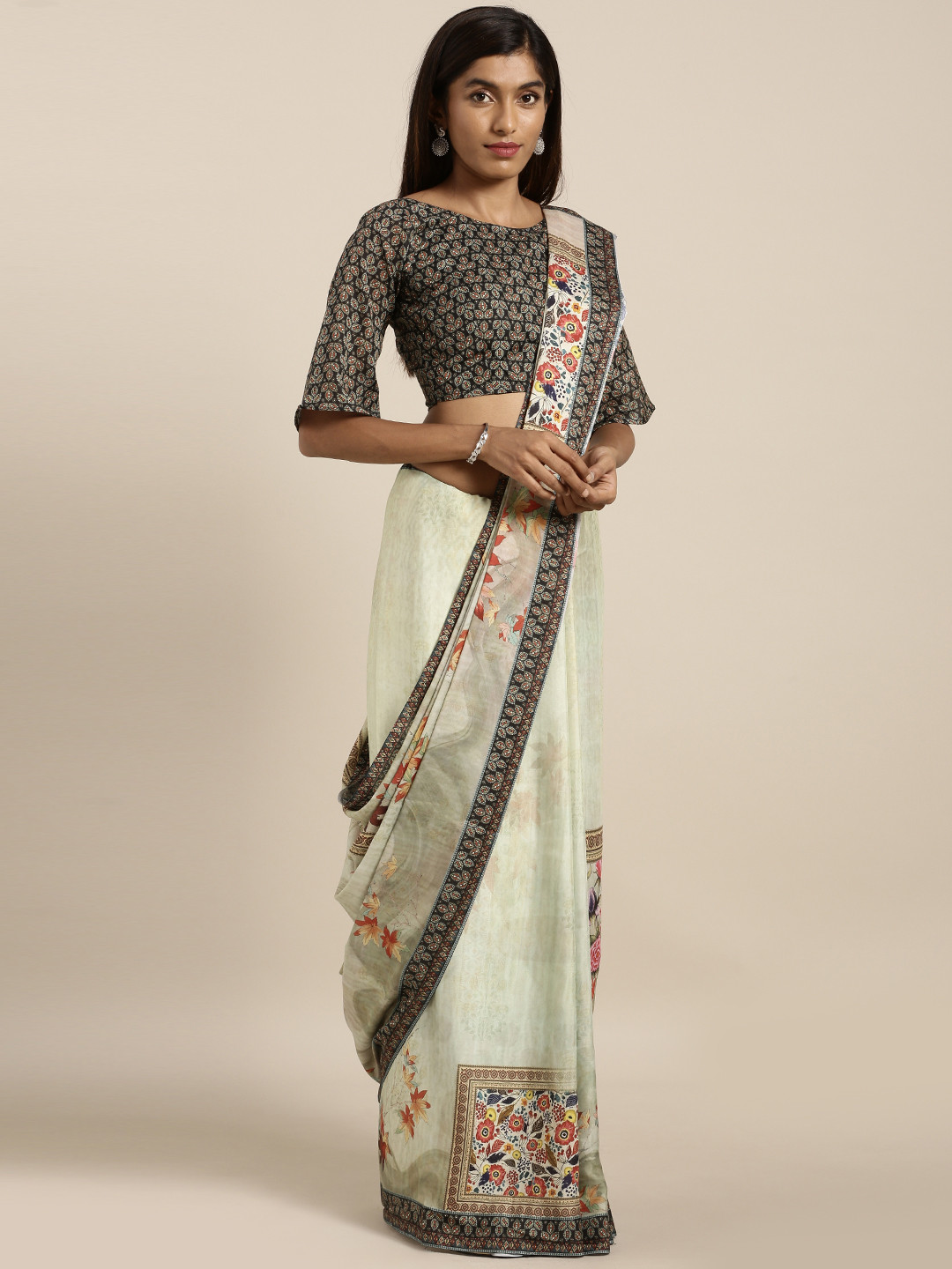 Kvsfab Green & Black Printed Poly Georgette Saree