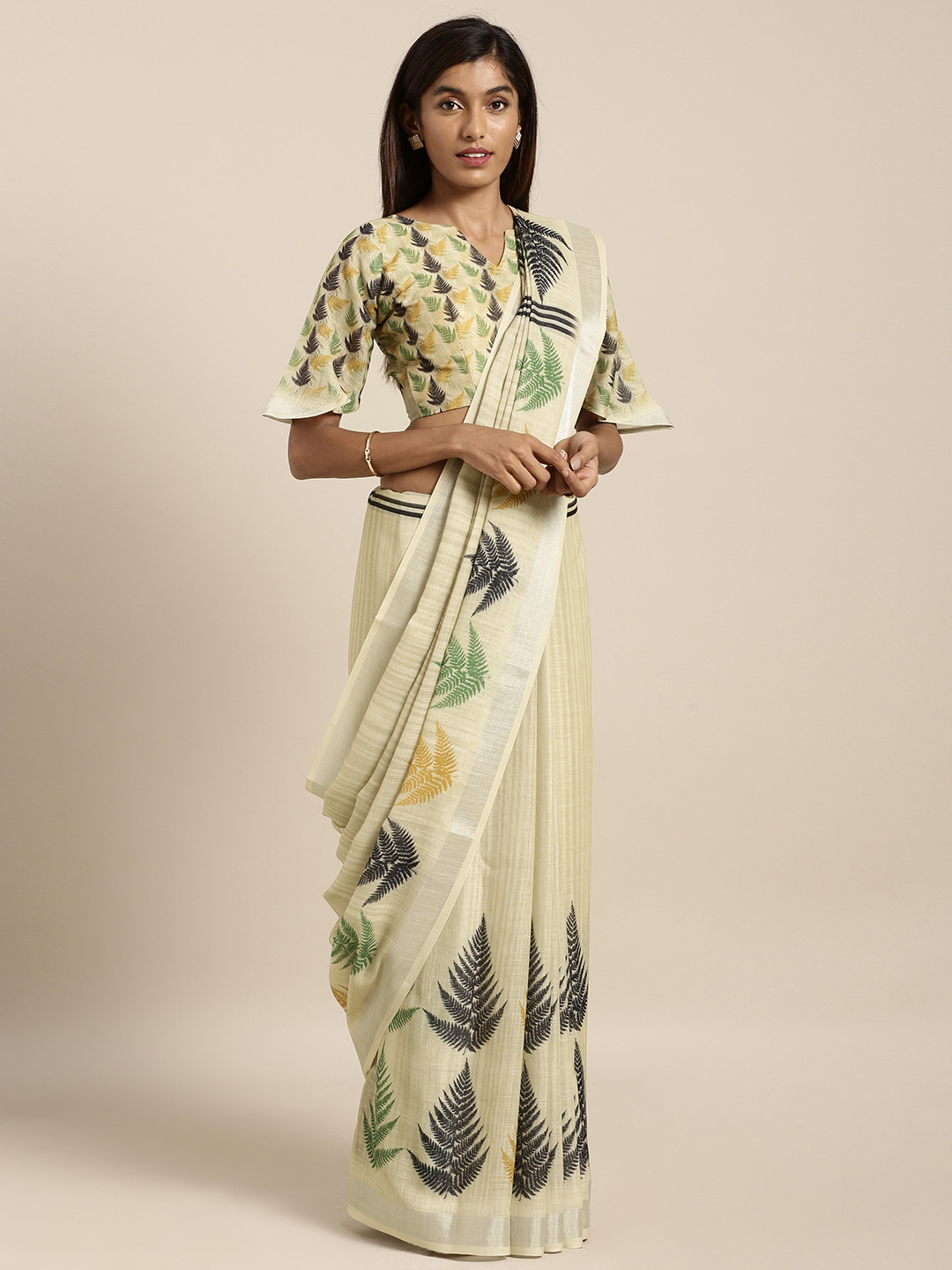 Kvsfab Beige & Green Linen Blend Printed Saree