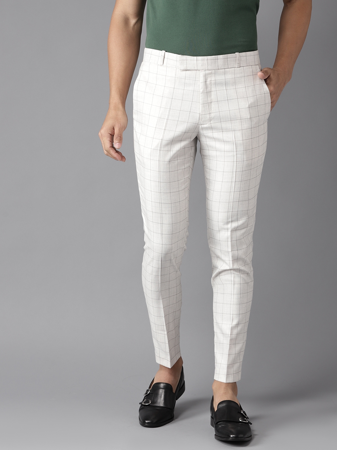 Buy DENNISON Men Off White  Grey Smart Tapered Fit Checked Regular Trousers   Trousers for Men 10173257  Myntra