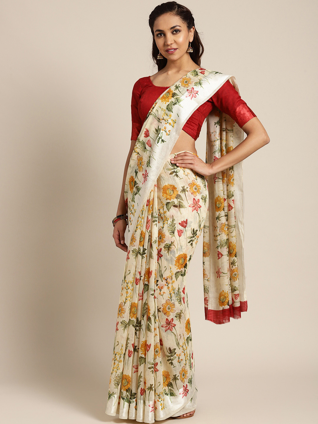 Saree mall Off-White & Mustard Yellow Printed Saree
