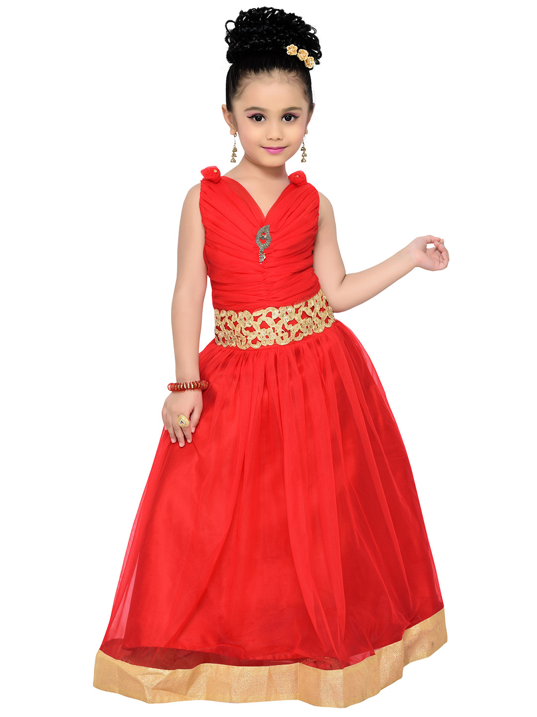 ADIVA Girls Red Self-Design Fit and Flare Dress