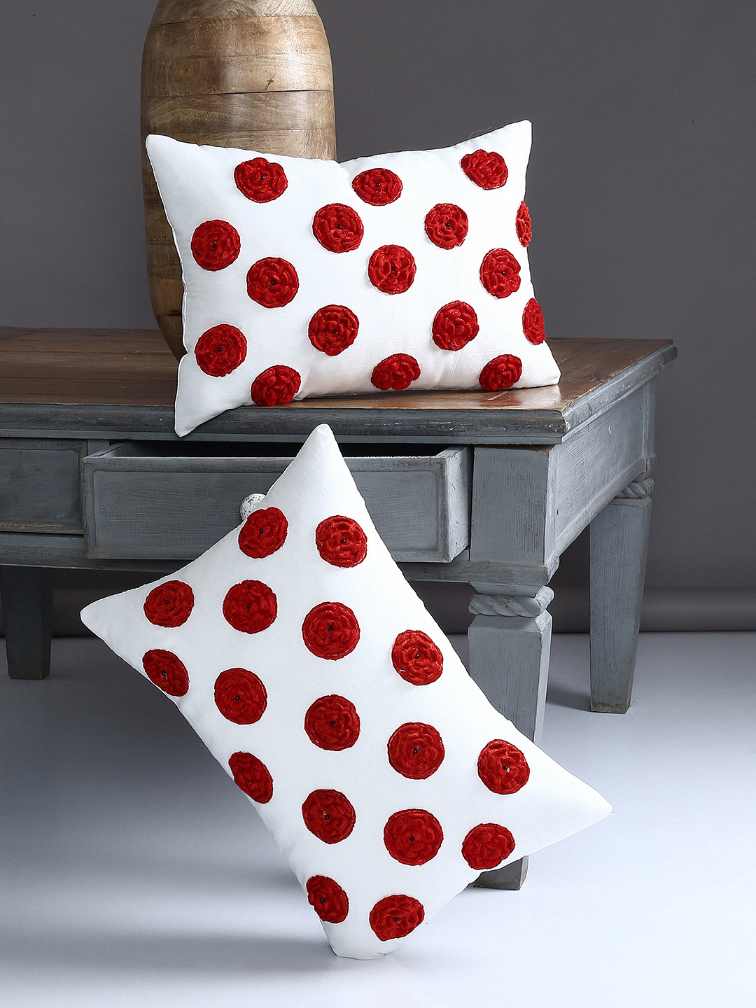 Alina decor White Polyester Washable 2 Piece Embroidered Rectangle Cushion Covers -12x18In