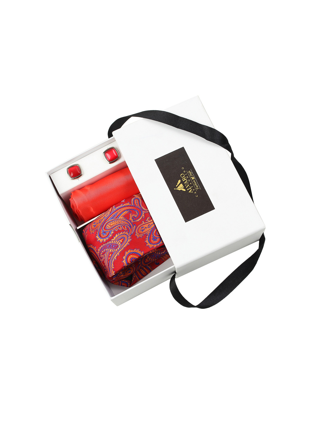 Alvaro Castagnino Red Colored Tie, Pocket Square & Cufflink Gift Set For Men
