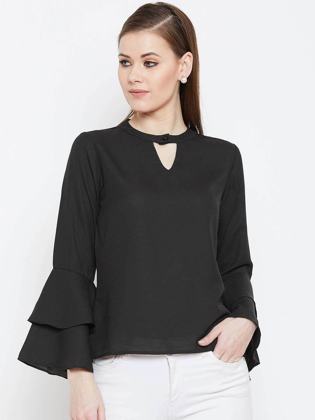PURYS Women Black Solid A-Line Top