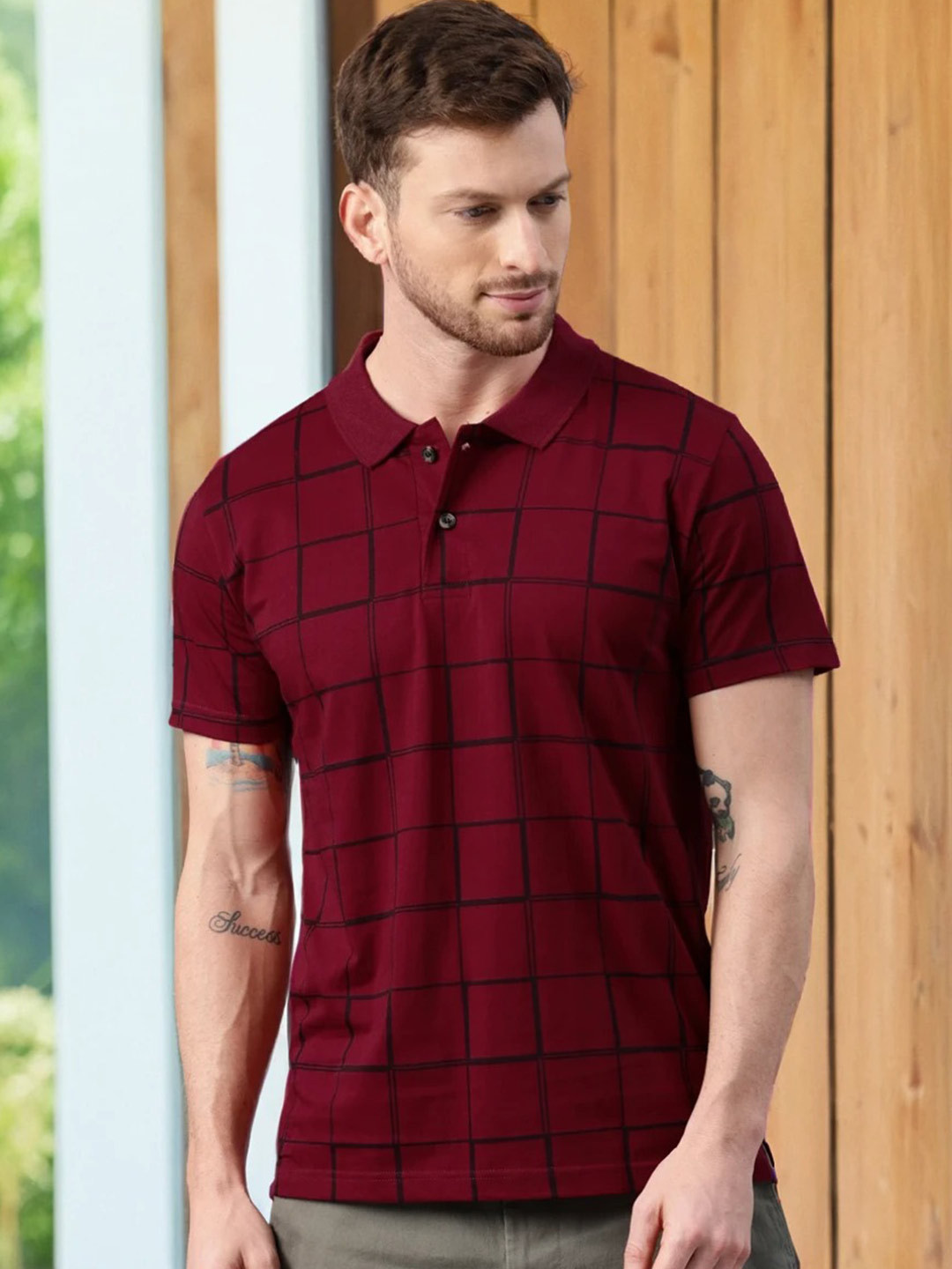 Kryptic Men Checked Polo Pure Cotton T-shirt