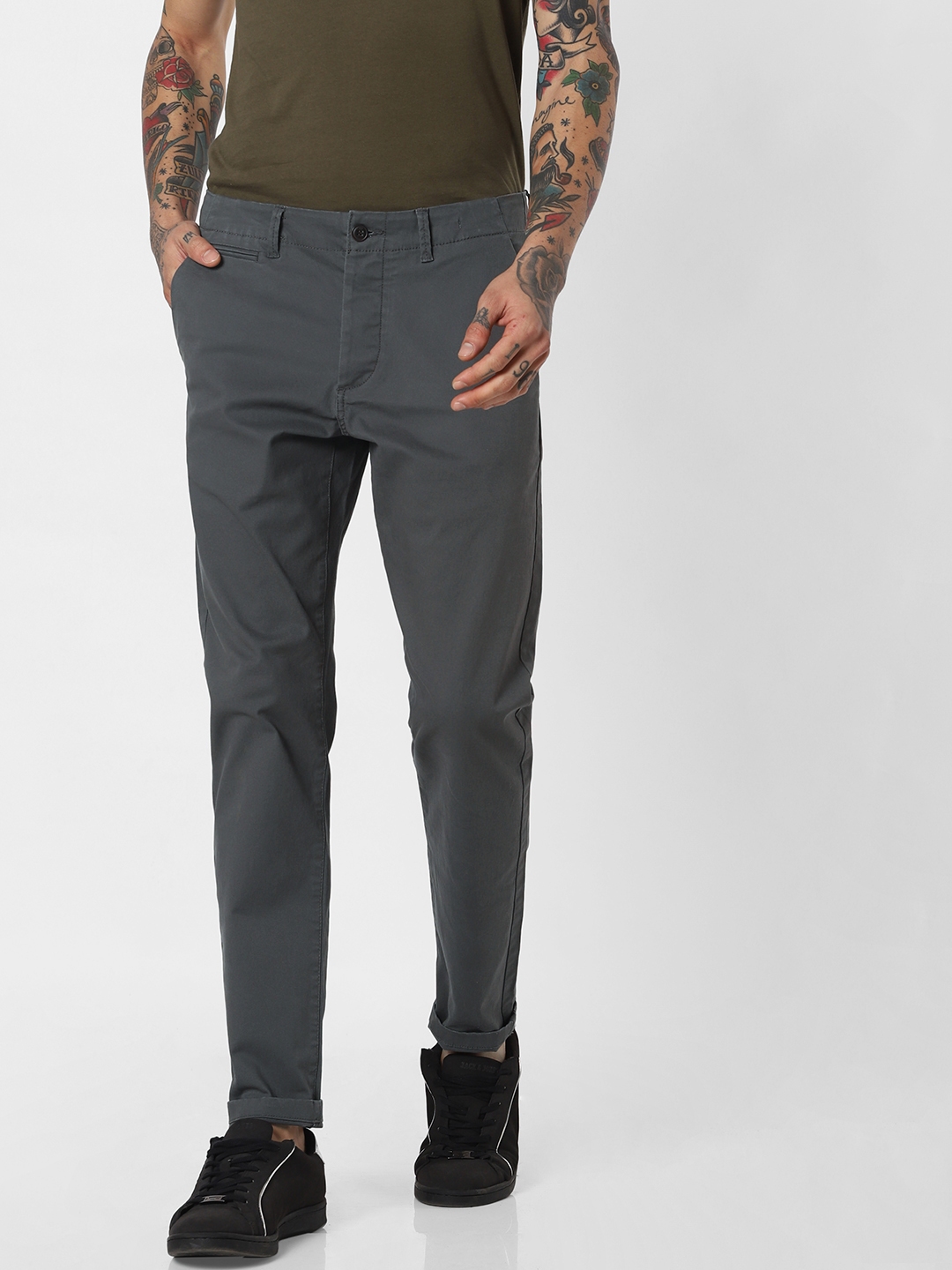 Buy Jack  Jones Men Grey Marco Slim Fit Solid Chinos  Trousers for Men  10180601  Myntra
