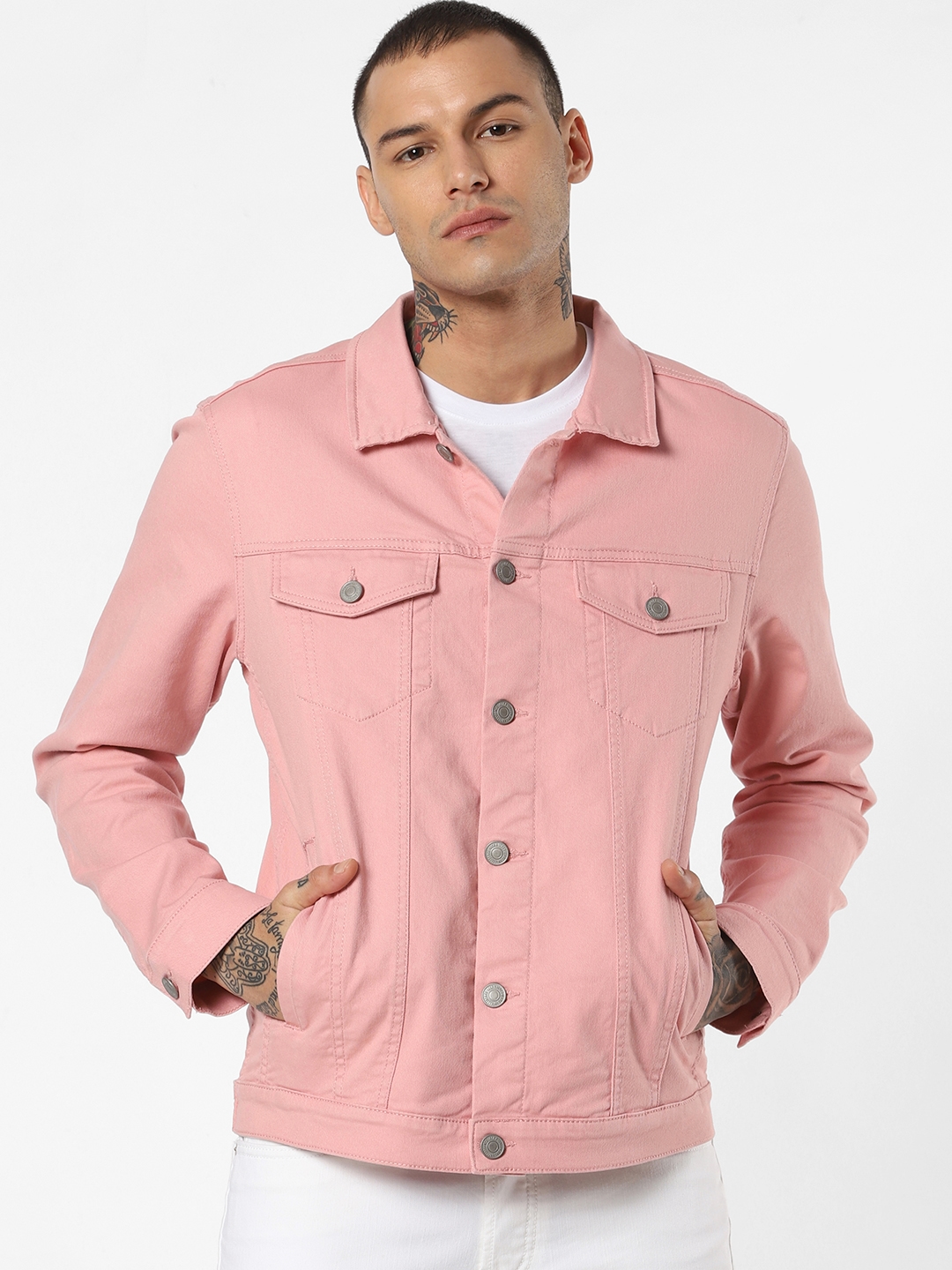 Jones Men Pink Solid Denim Jacket 