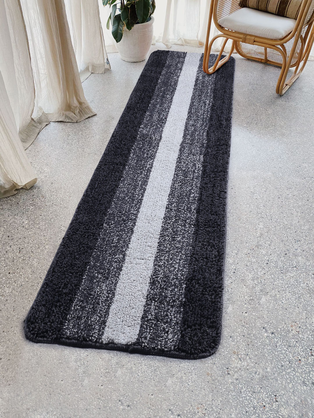 Saral Home Black & White Striped Microfibre Runner