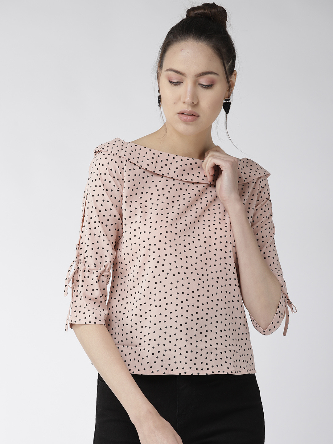 Style Quotient Women Peach-Coloured & Black Polka Dot Top