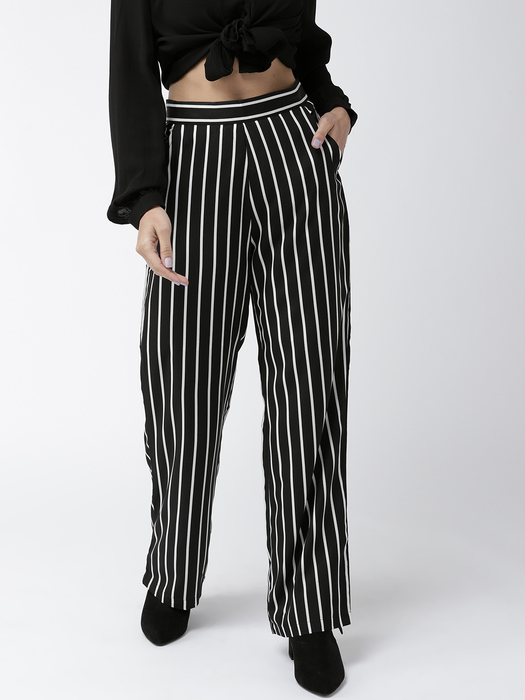 Style Quotient Women Black & White Original Straight Fit Striped Parallel Trousers