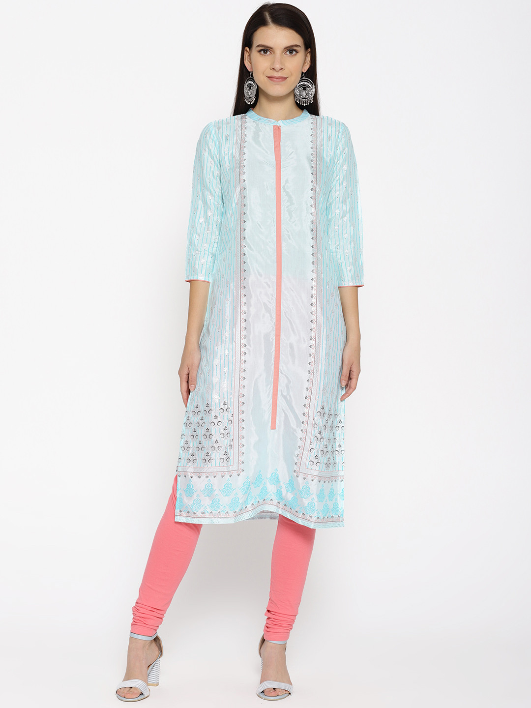AURELIA Women Blue & Silver Printed Straight Kurta