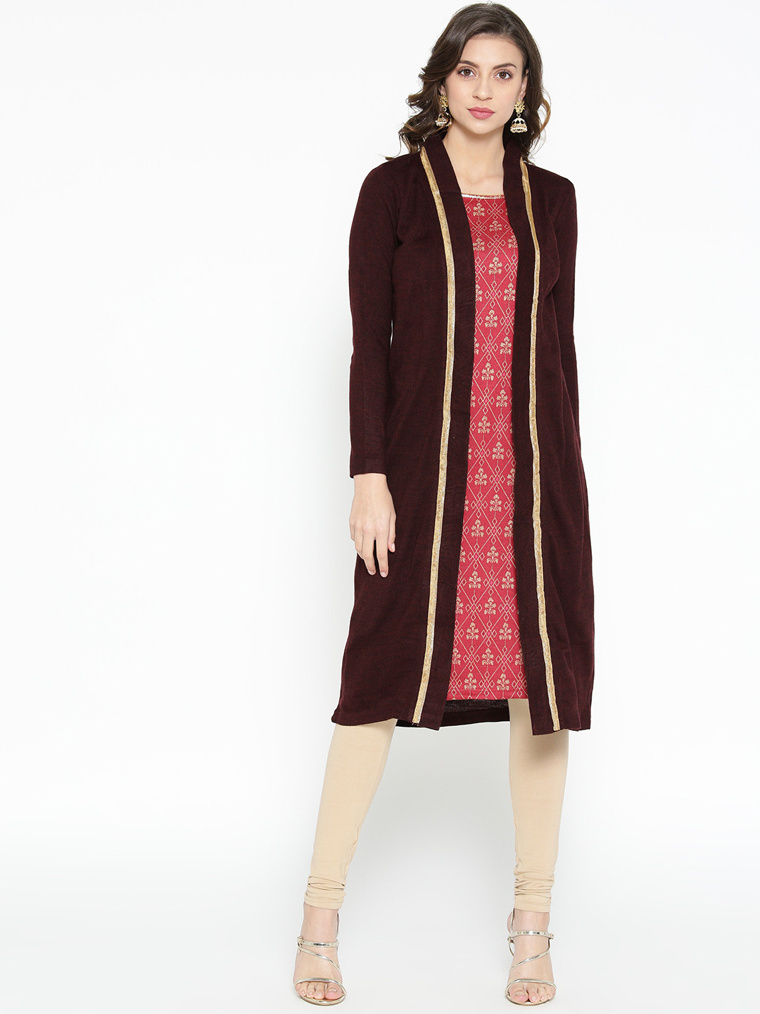 AURELIA Women Burgundy & Red Printed Layered A-Line Winter Kurta