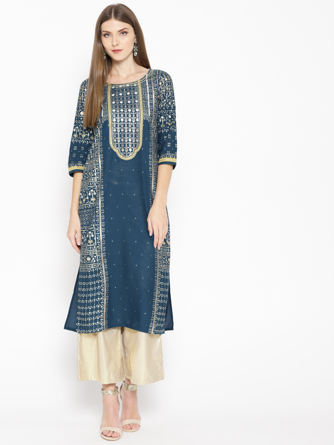 AURELIA Women Teal Blue & Golden Printed Straight Kurta