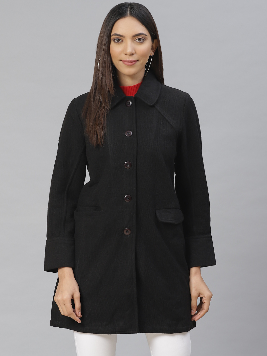 AURELIA Women Black Solid Overcoat