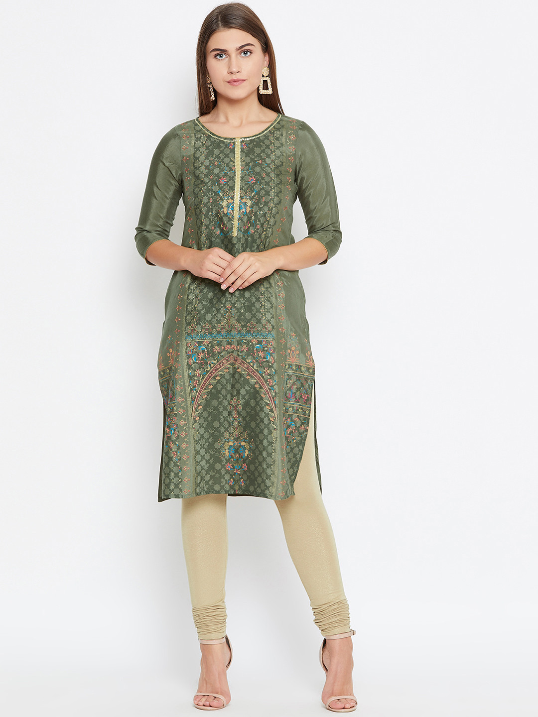 AURELIA Women Olive Green & Golden Printed Straight Kurta