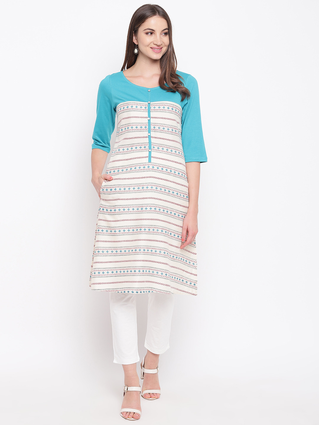 AURELIA Women Off-White & Blue Striped A-Line Kurta