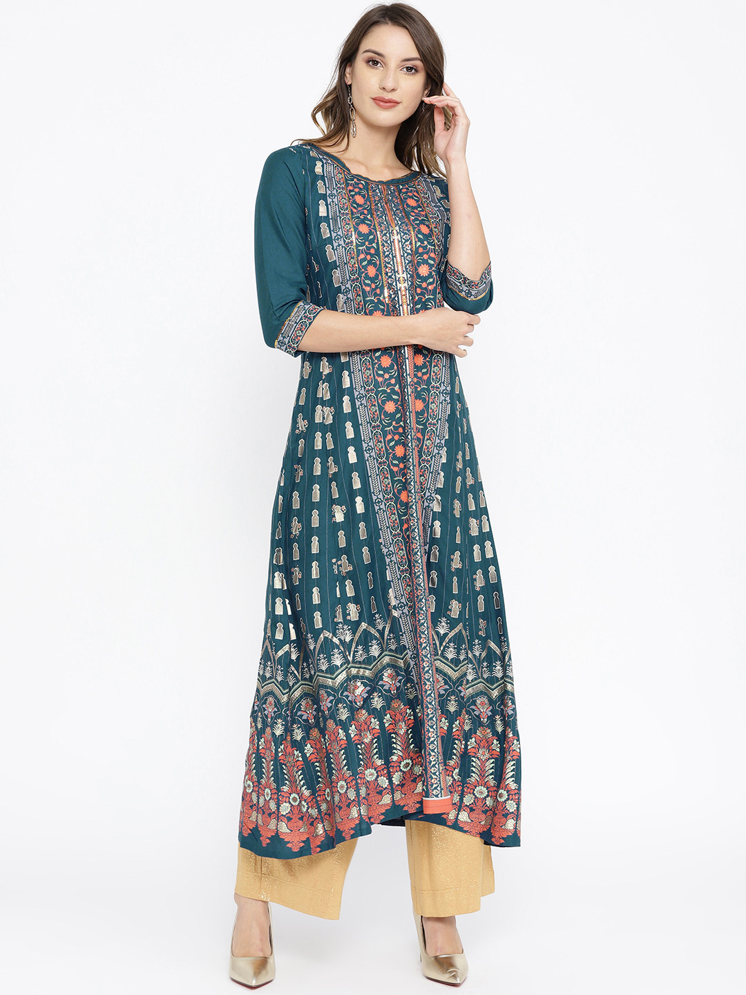 AURELIA Women Teal Blue & Orange Printed A-Line Kurta