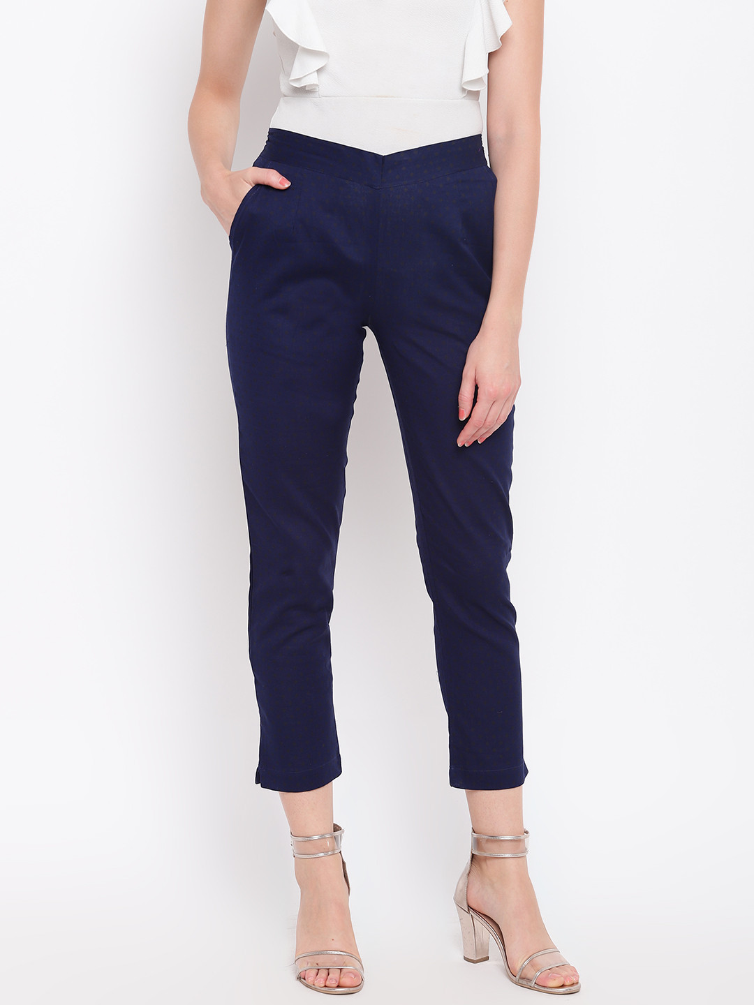 AURELIA Women Navy Blue Regular Fit Printed Cropped Trousers