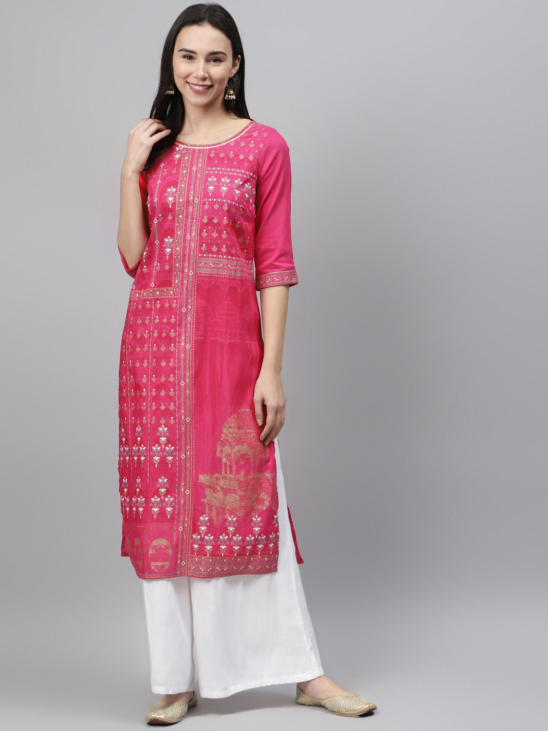 AURELIA Women Pink & Golden Printed Straight Kurta