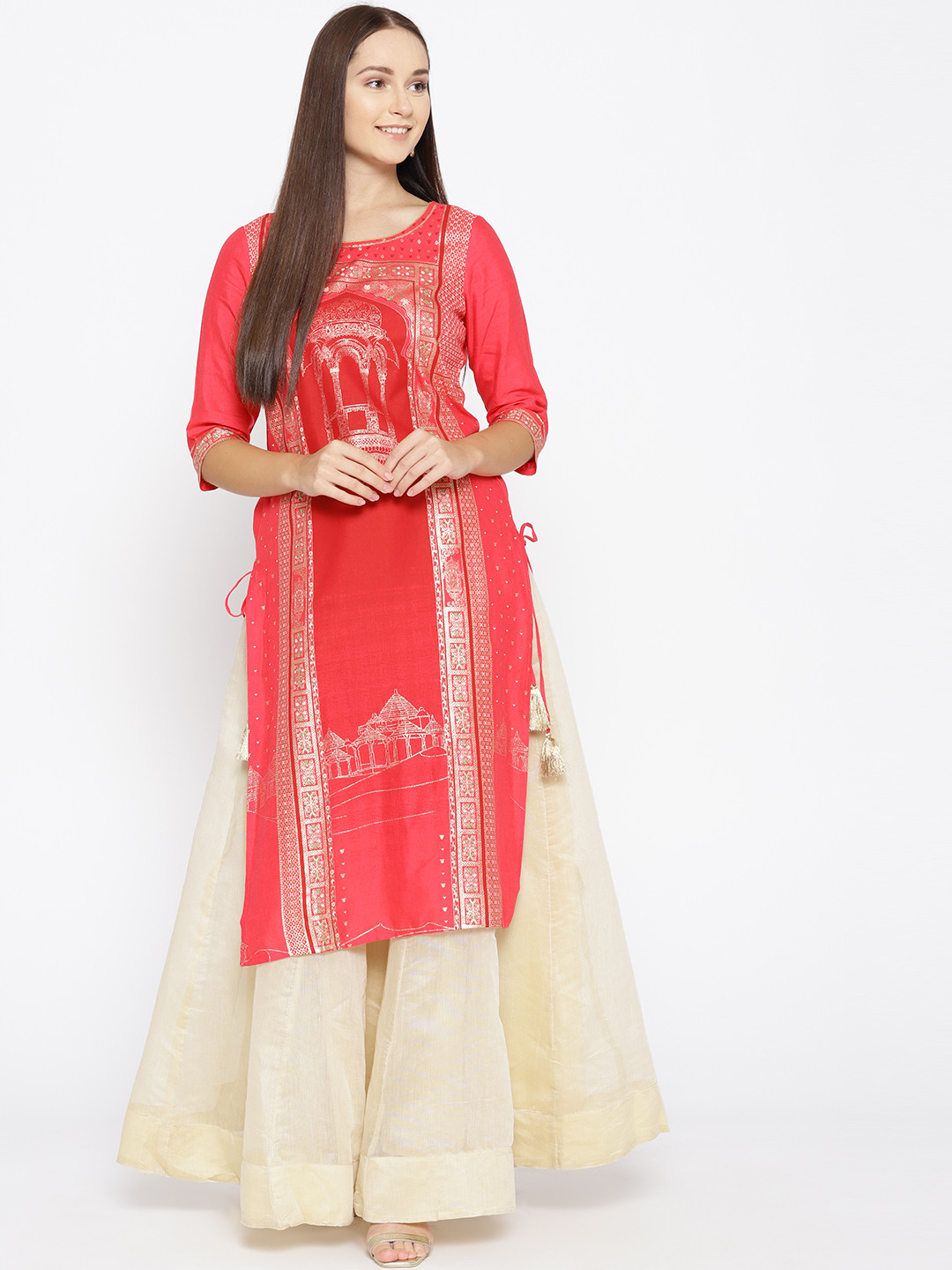 AURELIA Women Pink & Golden Printed Straight Kurta