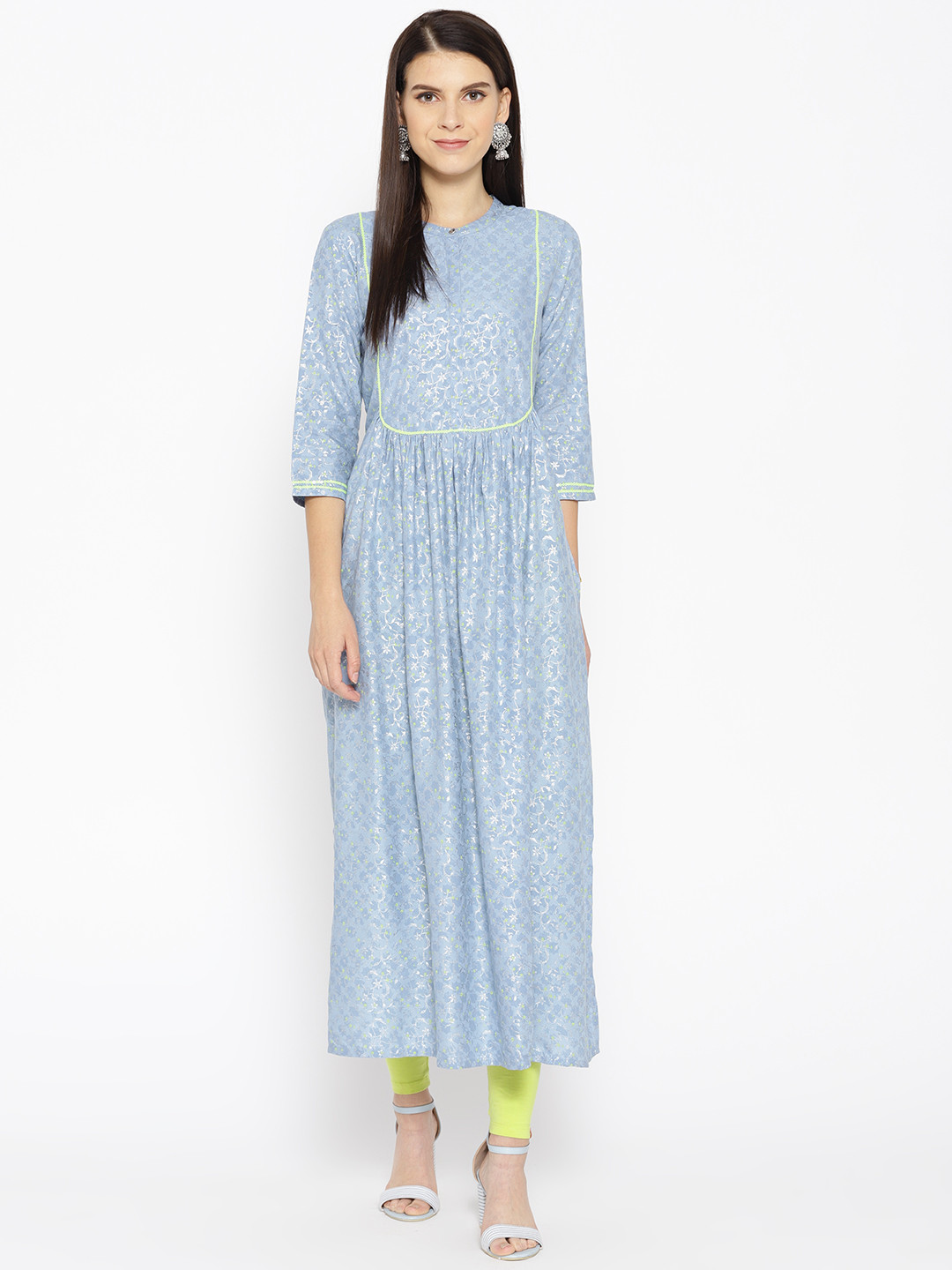 AURELIA Women Blue & Silver Printed Straight Kurta