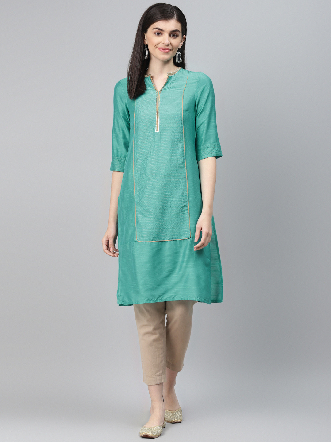 AURELIA Women Sea Green & Golden Striped Straight Kurta