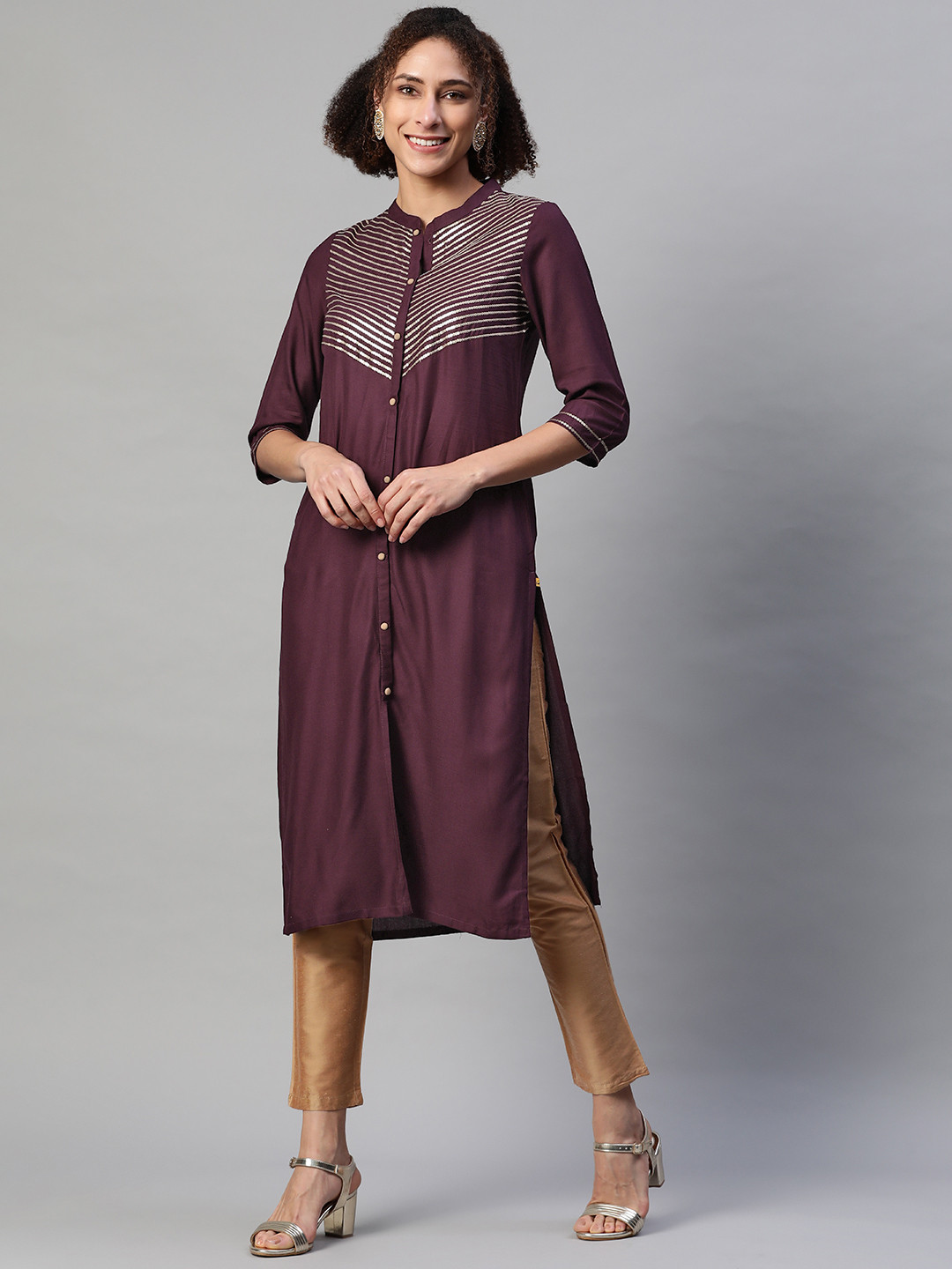 AURELIA Women Aubergine Yoke Design Straight Kurta