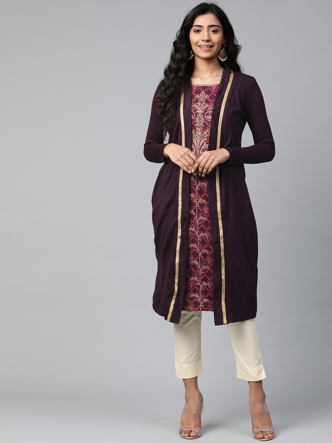 AURELIA Women Aubergine & Pink Knitted Printed Layered Winter Kurta