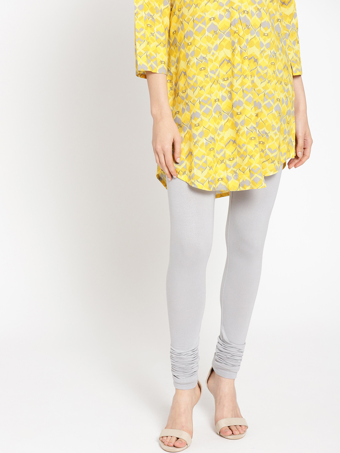 AURELIA Women Grey Solid Shimmery Detail Churidar Length Leggings