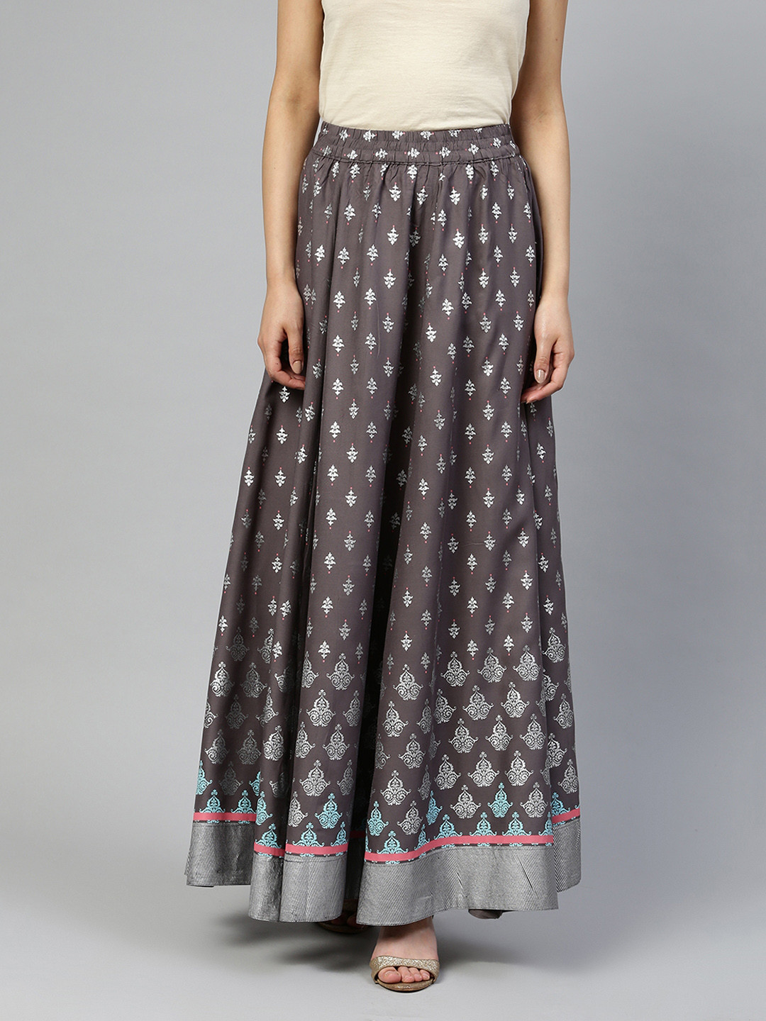 AURELIA Grey & Silver Printed Flared Maxi Skirt