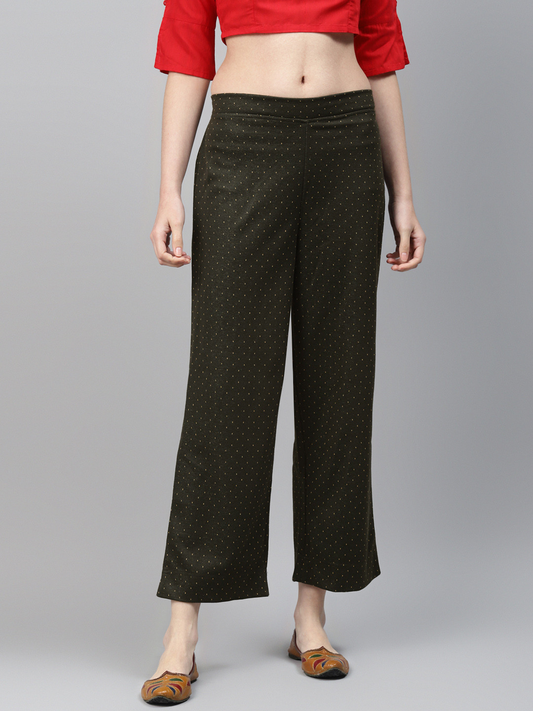 AURELIA Women Green & Golden Self Design Straight Winter Palazzos