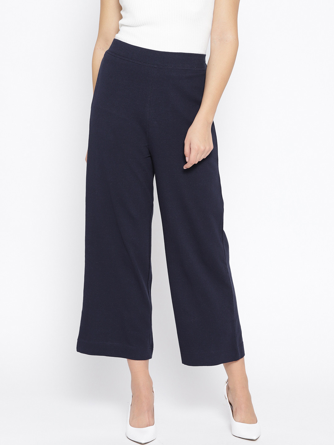 AURELIA Women Navy Blue Solid Straight Cropped Palazzos