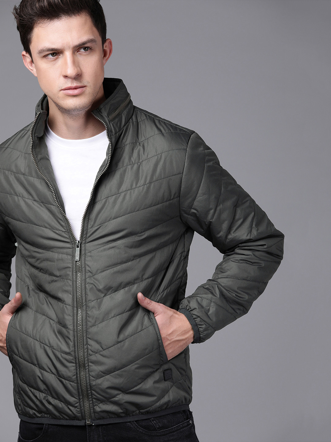 WROGN Men Charcoal Grey Slim Fit Solid Padded Jacket
