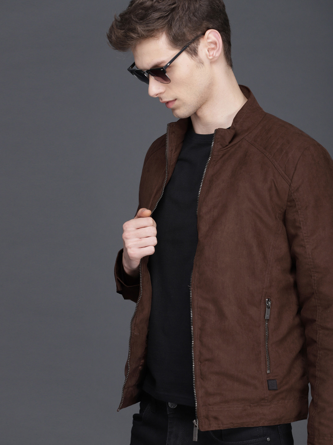WROGN Men Coffee Brown Solid Slim Fit Suede Finish Jacket