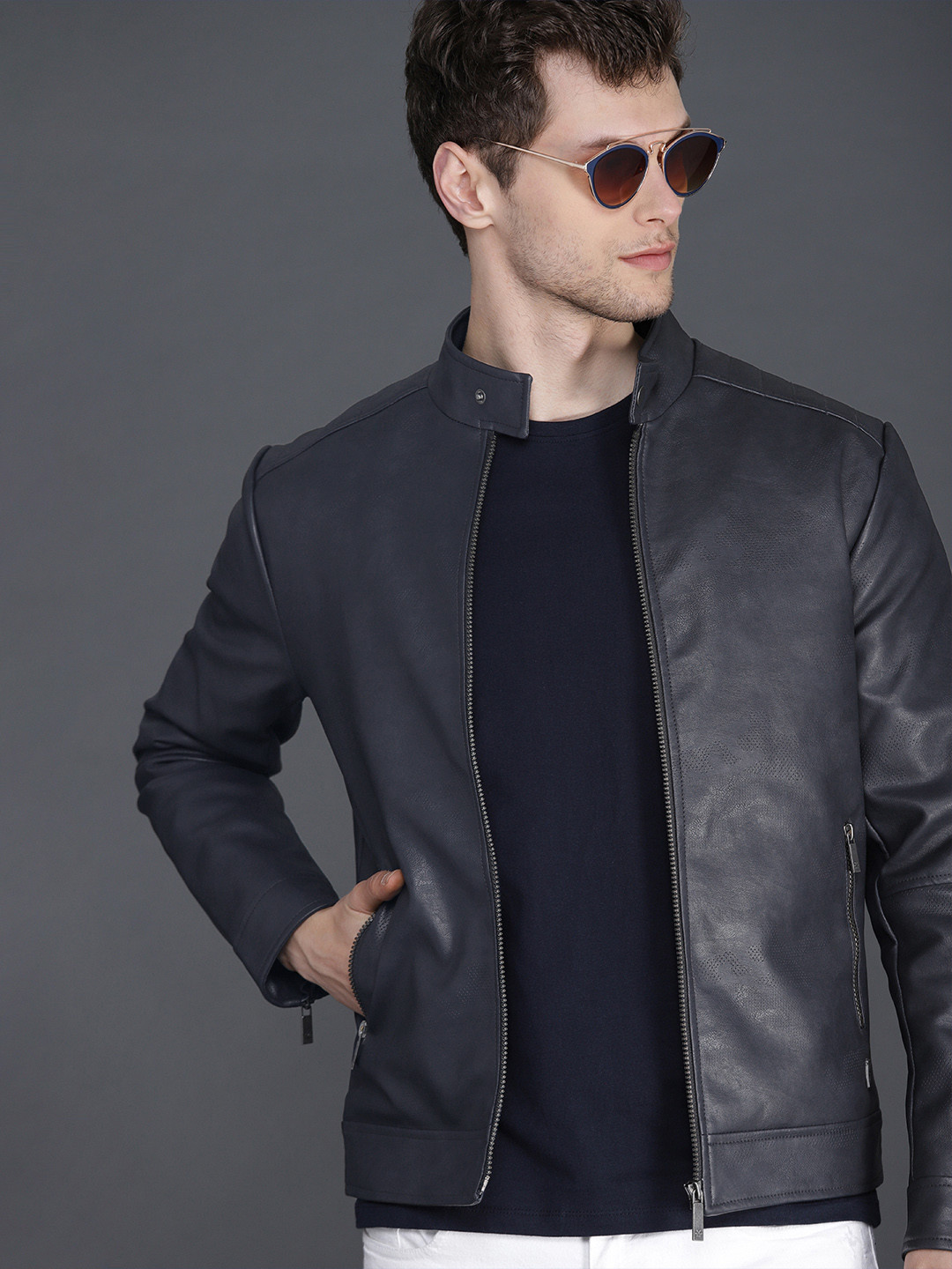 WROGN Men Navy Blue Self Design Jacket