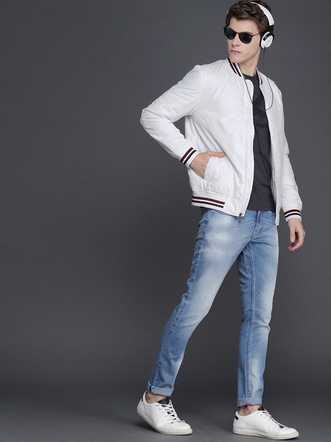 WROGN Men White Solid Bomber Jacket