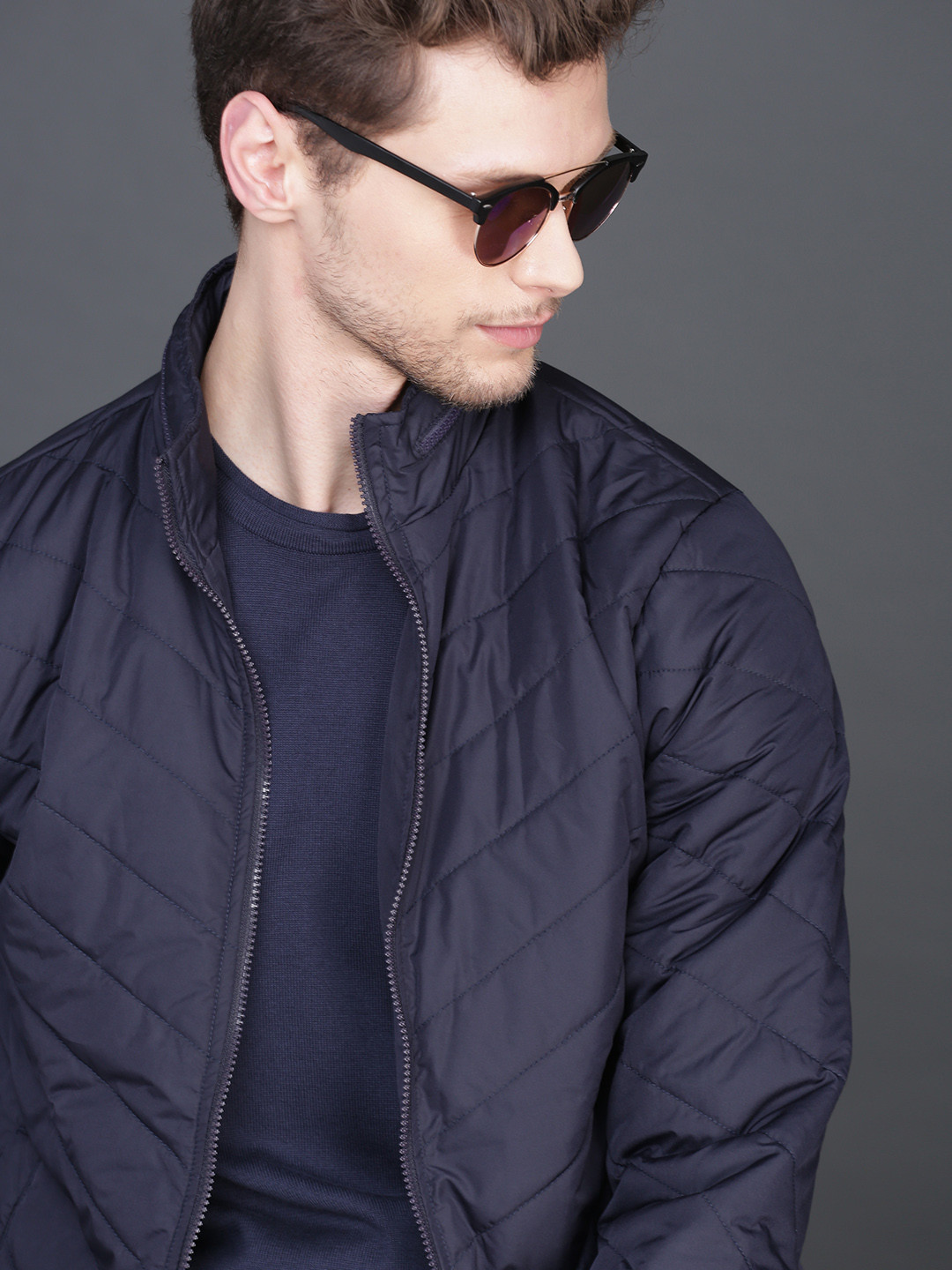WROGN Men Navy Blue Solid Puffer Jacket