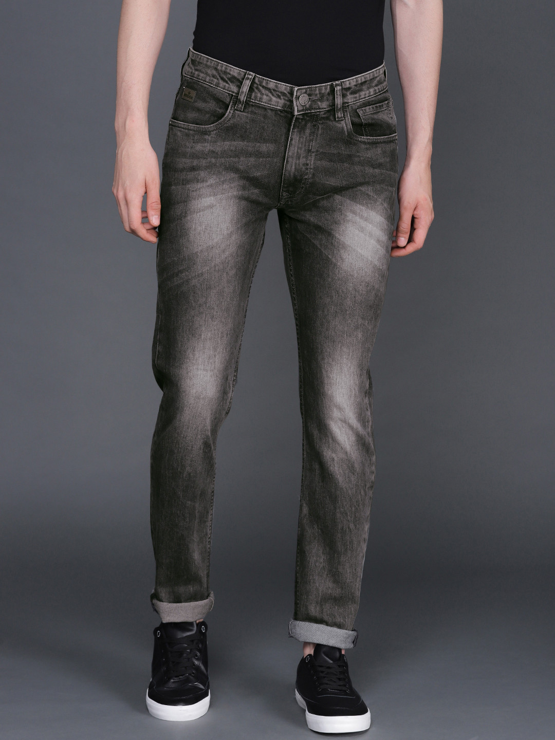 WROGN Men Charcoal Grey Slim Fit Mid-Rise Clean Look Stretchable Jeans