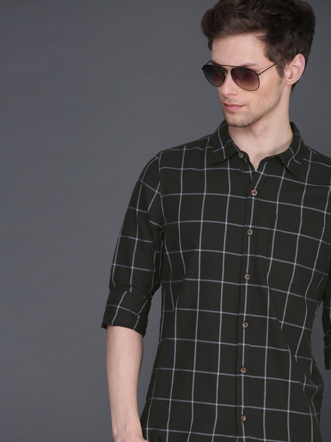 WROGN Men Black & Blue Slim Fit Checked Casual Shirt