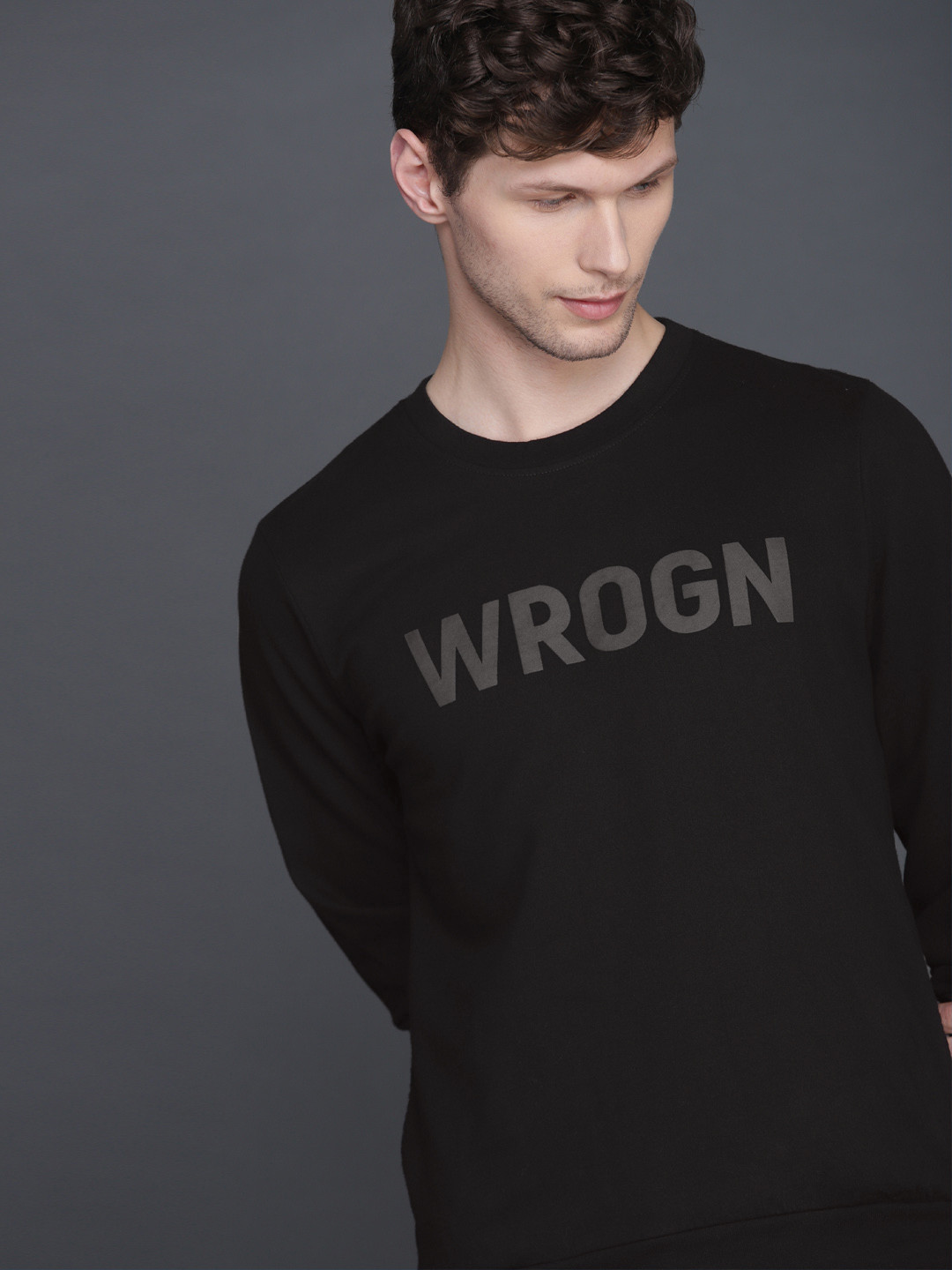 WROGN Men Black Printed Slim Fit Sweatshirt