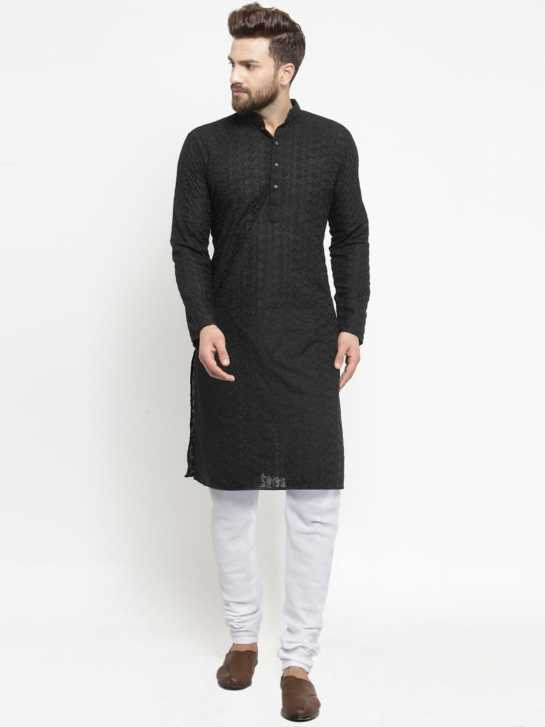 TREEMODA Men Black Embroidered Chikankari Kurta with Pyjamas