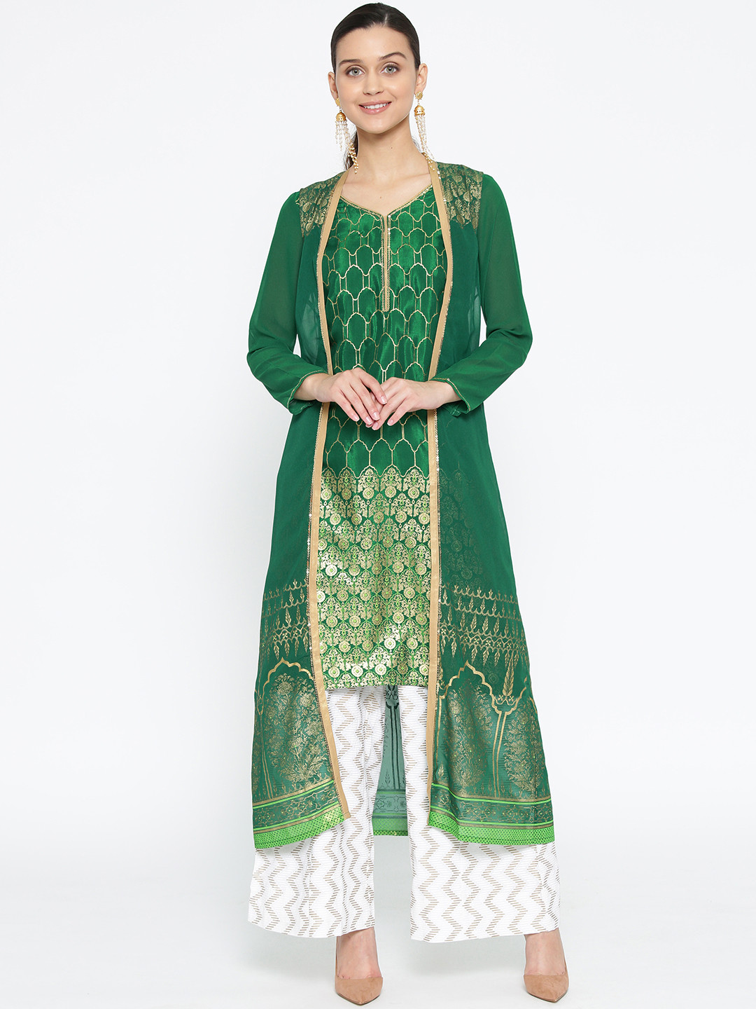 AURELIA Women Green & Golden Foil Print Straight Kurta with Ethnic Jacket