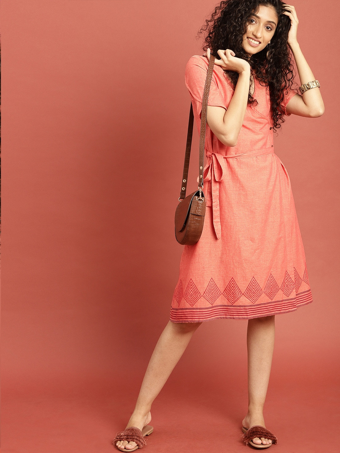 Taavi Orange Hand Block Print Legacy Angrakha  Cotton Dress with Tie-Up