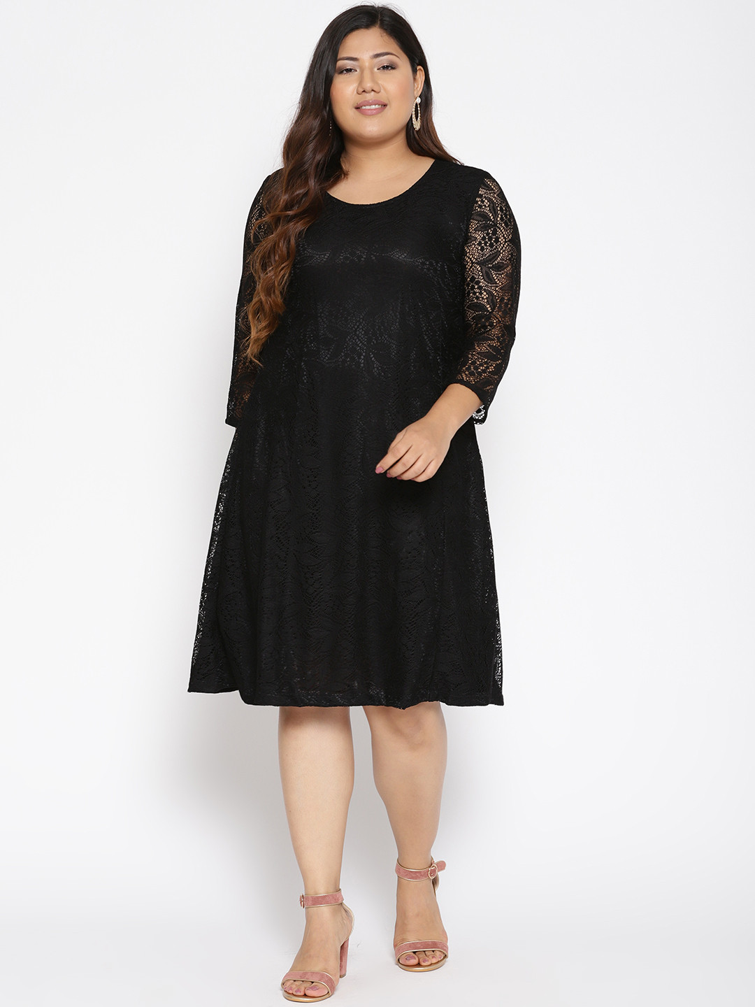 The Pink Moon Plus Size Women Black Lace A-Line Dress