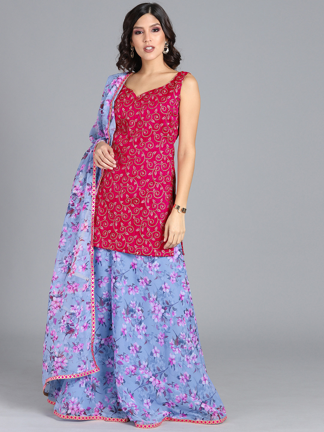 Ethnovog Women Pink  Blue Made To Measure A-Line Kurti with Palazzos  Dupatta