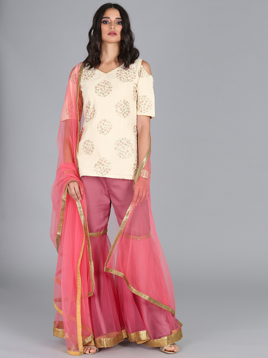 Ethnovog Women Off-White  Mauve Embroidered Kurti with Sharara  Dupatta